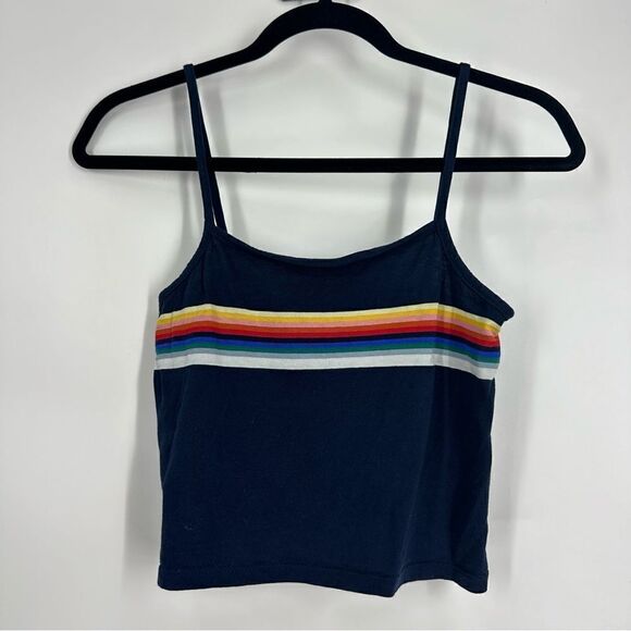 BRANDY MELVILLE | JOHN GALT Spaghetti Strap Rainbow Stripes Cropped Navy Tank OS - Picture 2 of 5